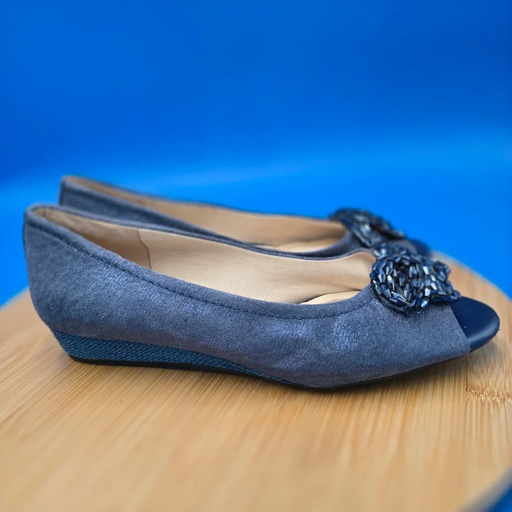 Alex Marie Peep Toe Wedge Flats Embellished Blue‎ Suede Women's Size 8.5M